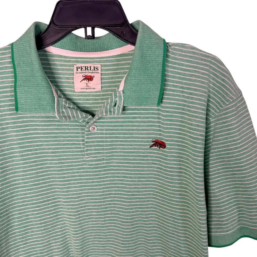 Perlis Mens Authentic Crawfish Polo Shirt Green White Pinstripe Cotton Large